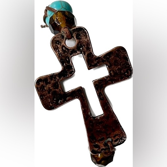 Copper cross bracelet turquoise leather beaded hammered metal boho Gypsy style - Picture 2 of 9